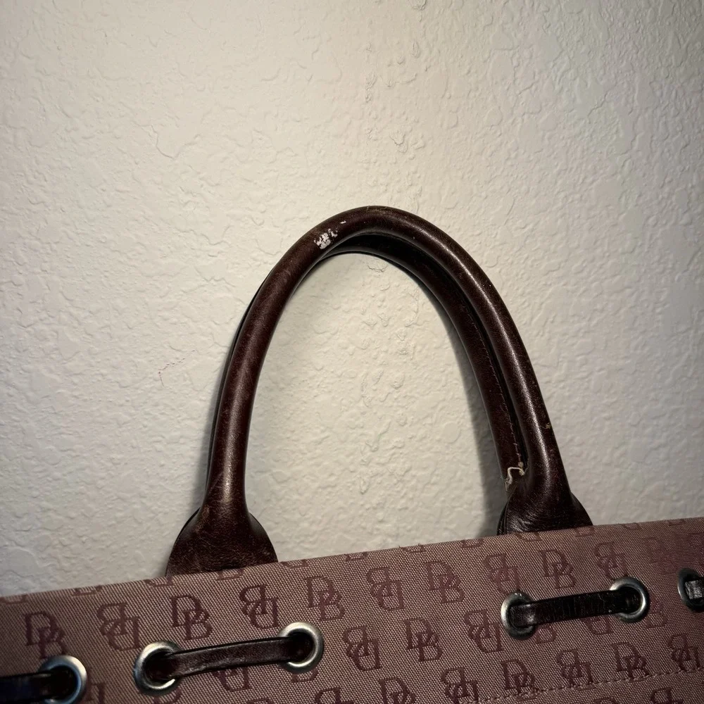 Dooney & Bourke Signature Canvas Satchel Logo Bag Double Leather Handles Tassels